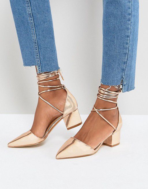 Gold Ankle Tie Block Heeled