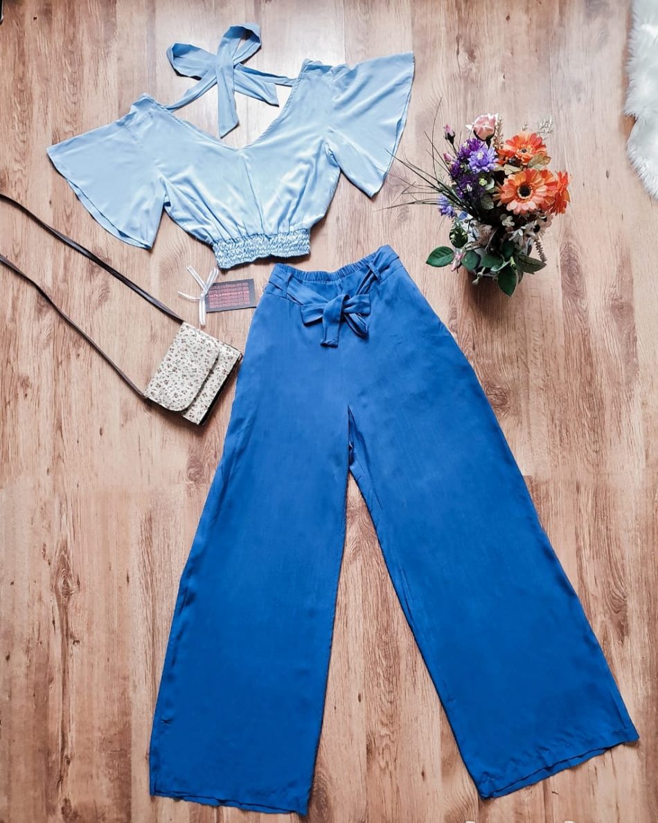 Conjuntinho Cropped E Calça Pantalona – Azul
